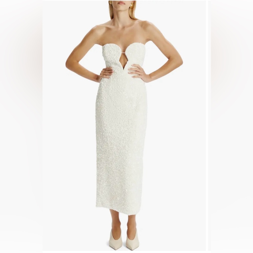 IVORY Sequin Strapless Plunge Neck Midi Dress Bardot